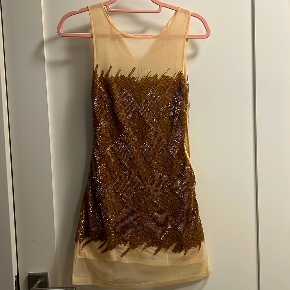 OOAK SAMPLE! Gold Micro Beaded Mesh Mini Dress from 6126 by Lindsay Lohan